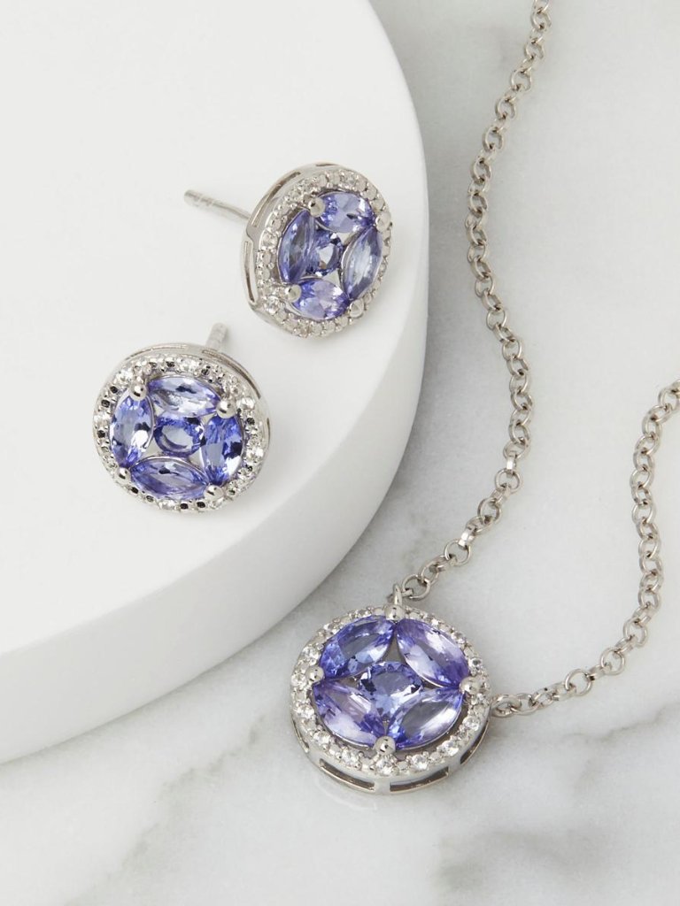 Nib Sterling Silver Tanzanite And White Zircon Necklace And Earring Set 99$
